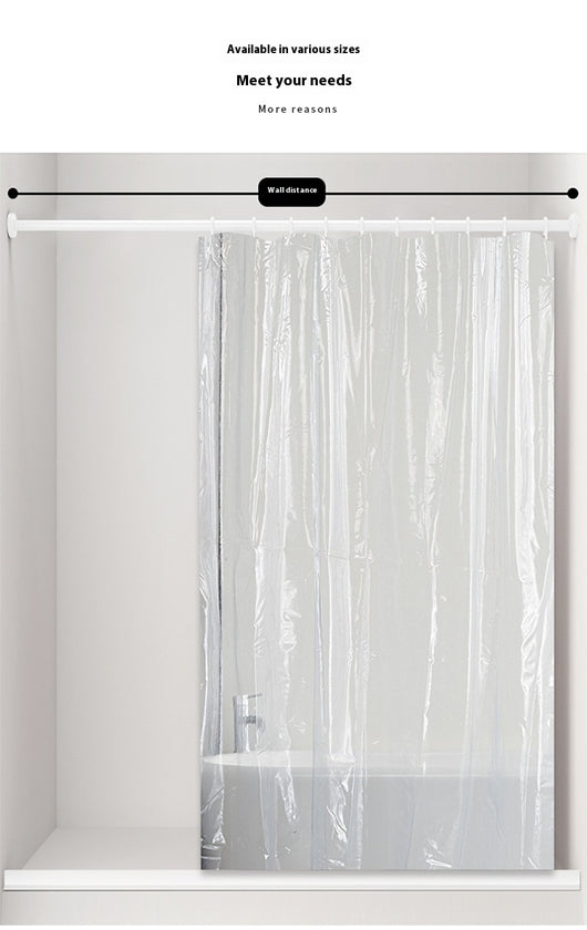 Transparent PEVA shower curtain with stainless steel grommets and hooks on a silver shower rod. - Image 9