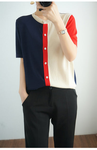 Blusa Fresca de Bloques de Color con Cuello en V - Image 6