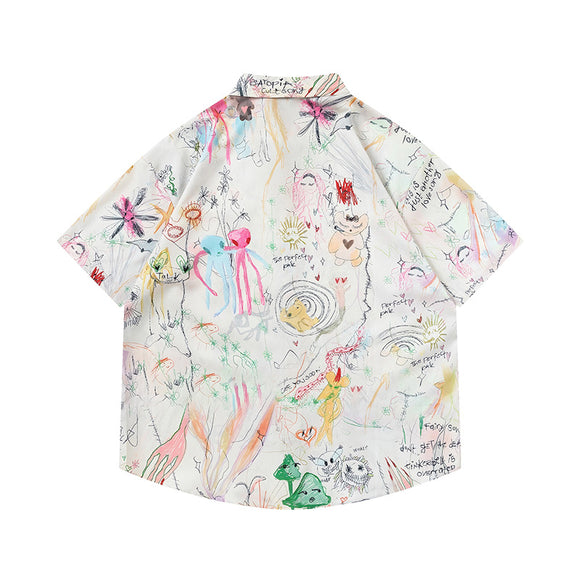 Camisa Suelta Estampado Graffiti Manga Corta para Hombre