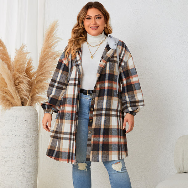 Abrigo Cuadrille Largo con Capucha para Mujer - Talla Grande Otoño Invierno