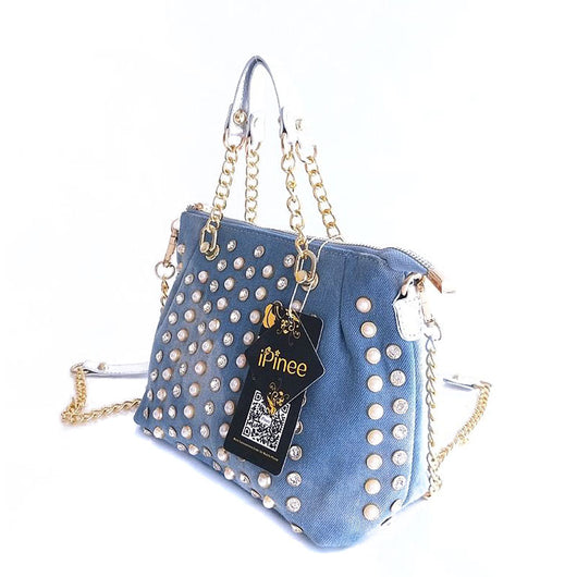 Bolso Mensajero Vaquero con Diamantes y Diseño Asimétrico - Image 5