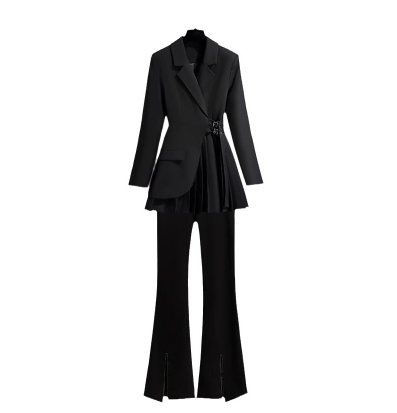 Blazer de Traje Negro con Falda Plisada y Solapa Diseñada para Mujer - Image 6