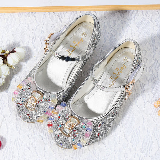 Red glitter Mary Jane shoes for girls with a decorative bow, clear and pink crystals, and a moon and star charm. - Image 4