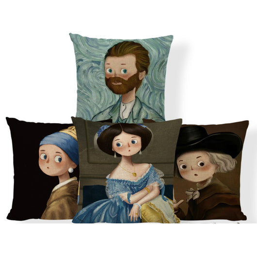 Funda de Almohada Estampada Niña Caricatura Cojín Pintura al Óleo Tela Mixta