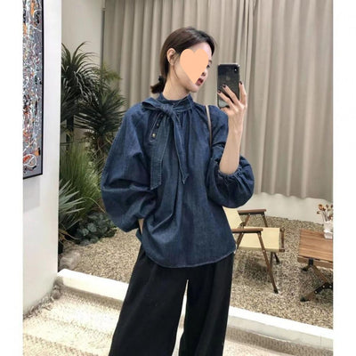 Camisa Denim Retro Suelta con Cuello y Cordones para Mujer - Image 11
