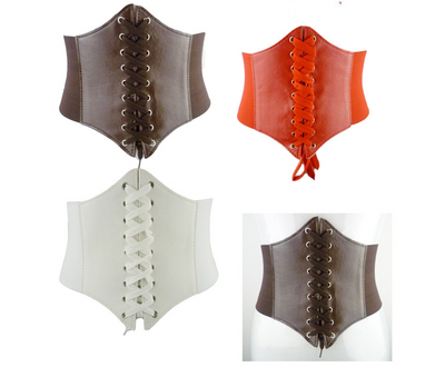 Red wide waist belt with a lace-up front design and elasticated sides, perfect for cinching the waist. - Image 6