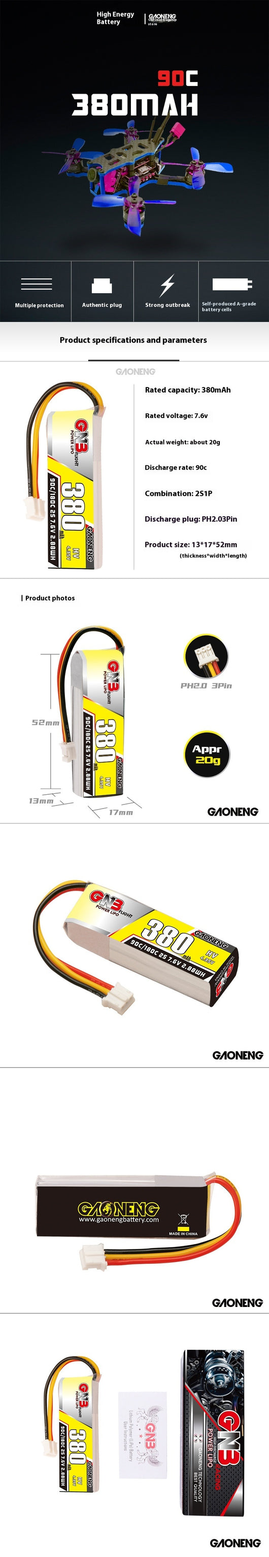 Batería LiPo de Alto Rendimiento GNB 380mAh 7.6V 90C para Autos de Carreras Mosquito - Image 6