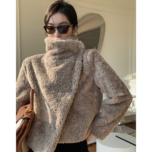 Abrigo de Cuello Alto Estilo Coreano con Solapa y Pelaje Sintético
