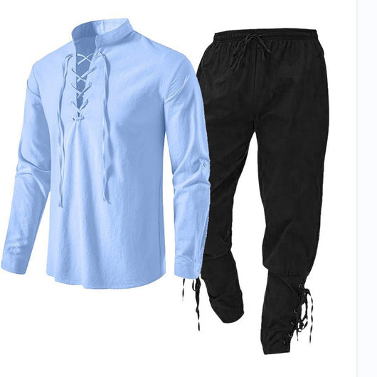 Conjunto de Dos Piezas: Camisa Casual de Lino y Algodón Manga Larga Color Sólido - Image 5