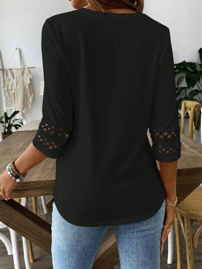 Blusa Casual para Mujer con Cuello Redondo, Encaje Patchwork y Mangas 3/4 - Image 12