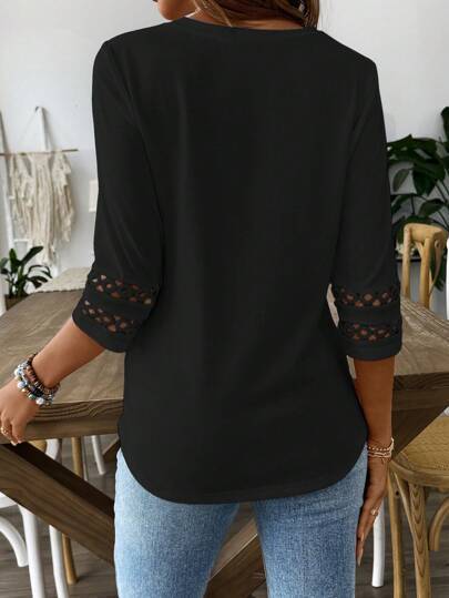 Blusa Casual para Mujer con Cuello Redondo, Encaje Patchwork y Mangas 3/4 - Image 12
