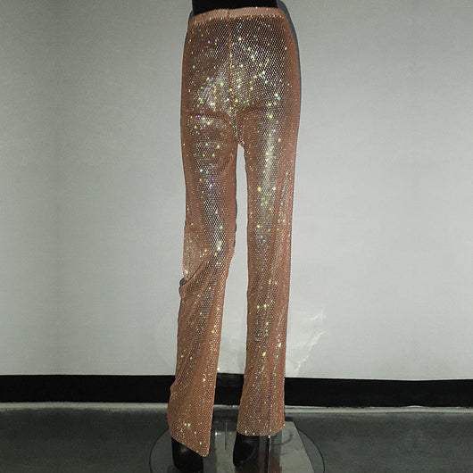 Pantalones Anchos de Tiro Alto con Detalles de Strass y Malla - Image 11