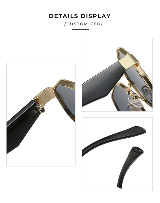 Polygonal sunglasses with a gold metal frame, beige temples, and dark black-gray lenses on a white background. - Image 14
