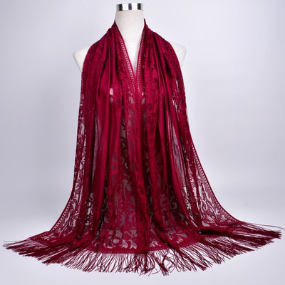 Pañuelo Hijab Encaje Calado Color Sólido con Borlas - Image 19