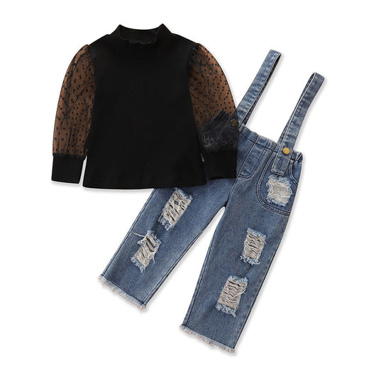 Conjunto Infantil Niña: Top con Mangas de Malla y Pantalón Denim con Tirantes - Image 4