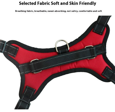 Blue and black pet harness with reflective stitching, a top handle, and red quick-release buckles. - Image 25