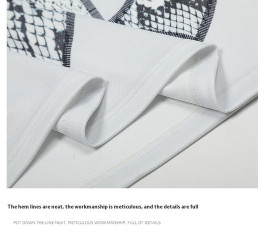 White mesh jersey t-shirt with a V-neck and short drop-shoulder sleeves, featuring a black and white snake scale design. - Image 11