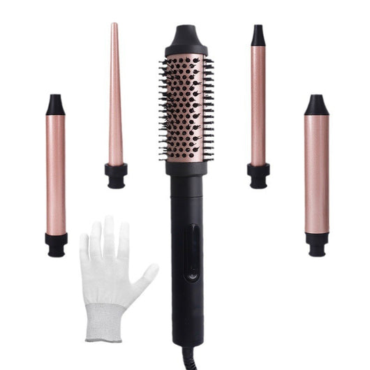 Five rose gold and black interchangeable hair styling attachments, including a round brush and various curling barrels. - Image 4