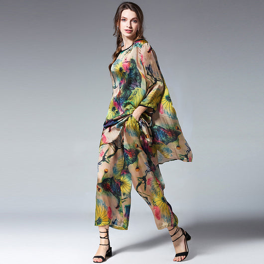 Traje Suelto de Seda Satinada Estampada con Cuello Redondo - Image 8