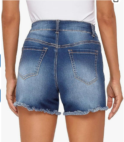 Shorts Denim Talle Alto Ajustado con Flecos - Versátil para Mujer - Image 10