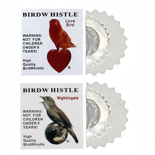 Red bird whistle with a serrated metal edge, next to a white label featuring a bird on a heart and a warning.