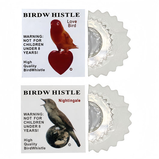 Red bird whistle with a serrated metal edge, next to a white label featuring a bird on a heart and a warning.