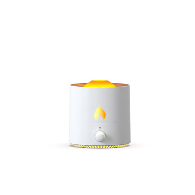 White cylindrical night light and ultrasonic humidifier with an orange flame effect light and a control knob. - Image 2