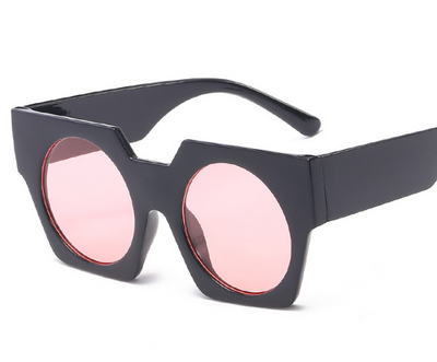 White geometric vintage big frame sunglasses with round purple gradient lenses, shown at an angle. - Image 4