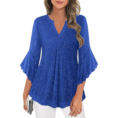 Blusa Suelta de Malla Plateada con Cuello V y Mangas 3/4 Pétalos - Image 13