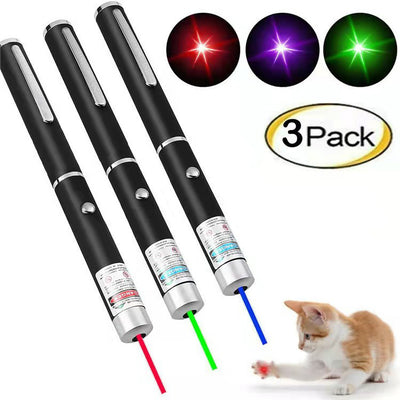 3-pack of black metal laser pointer pens, emitting red, green, and blue/purple lights, with a kitten playing. - Image 3