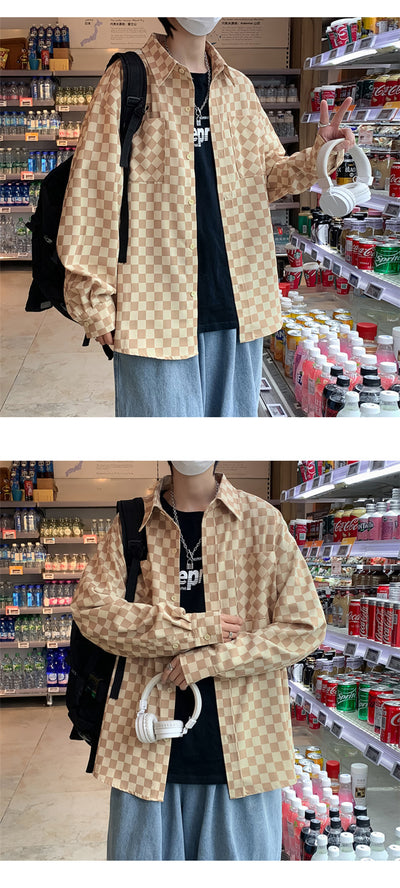 Camisa Suelta Estilo Japonés a Cuadros para Hombre - Manga Larga Primavera - Image 7