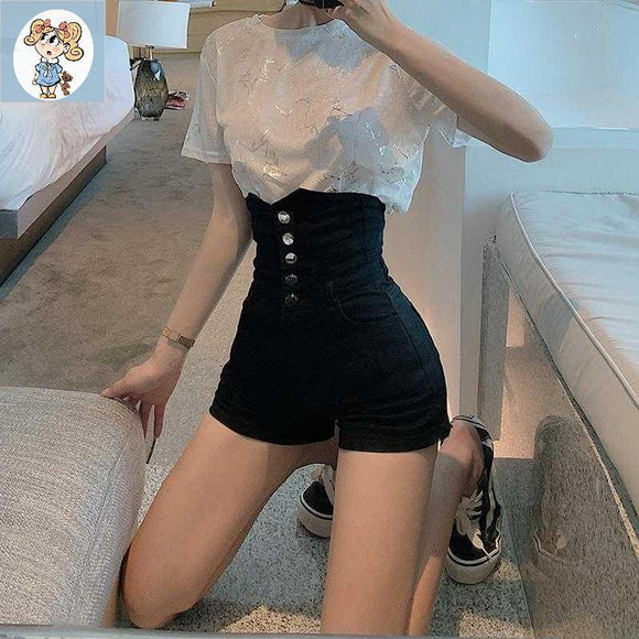 Shorts Denim Cintura Alta Slim Pierna Ancha Negro Multiuso