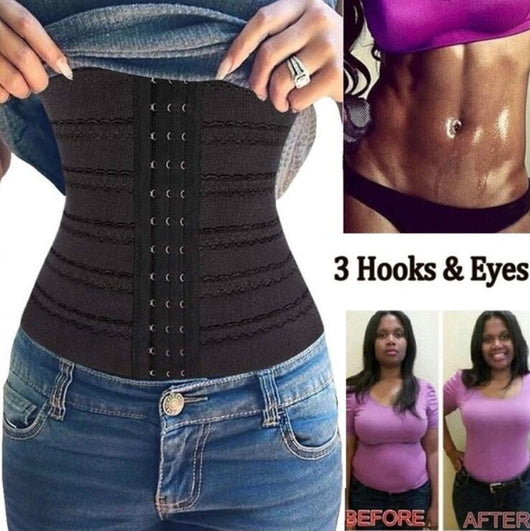 Beige waist trainer with hook-and-eye closures worn by a woman, designed for slimming and body shaping.