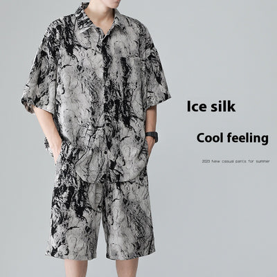 Conjunto de Playa para Hombre - Camisa Estampada y Pantalones Cortos Seda de Hielo Verano