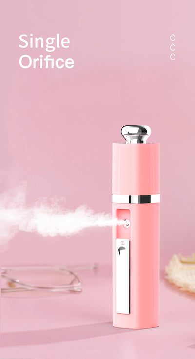 Pink USB Power Bank Nano Spray Moisturizer with silver accents, featuring a power button and sleek design. - Image 7