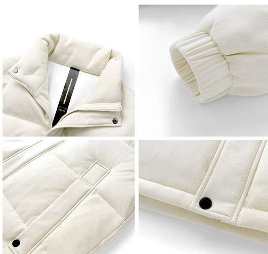 Chaqueta Corta de Plumas de Pato Blanco con Cuello Elevado y Ante - Image 16