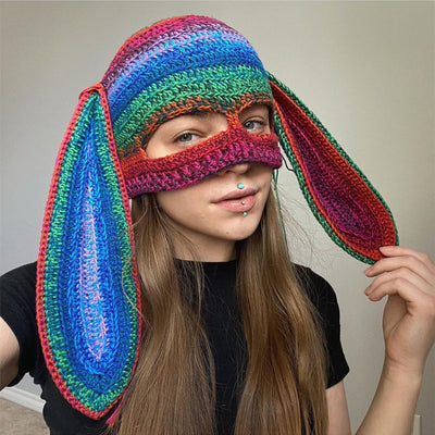 Gorro de Punto Artesanal con Orejas de Conejo, Diseño Divertido con Máscara de Un Ojo y Cuernos - Image 19