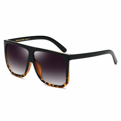 Large frame flat top sunglasses with black frames, brown gradient lenses, and subtle leopard print detail. - Image 5