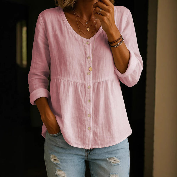 Camisa Holgada de Algodón y Lino con Cuello V y Botones