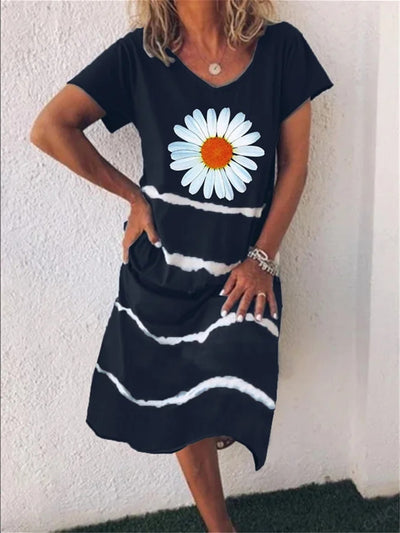 Vestido de Verano Estampado Girasol con Rayas - Manga Corta para Mujer - Image 3