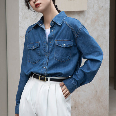 Camisa Denim Retro Azul - Prenda Versátil de Manga Larga - Image 2