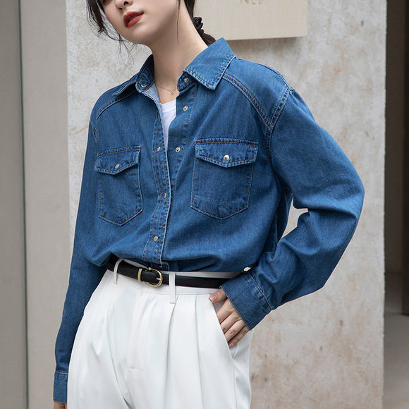 Camisa Denim Retro Azul - Prenda Versátil de Manga Larga