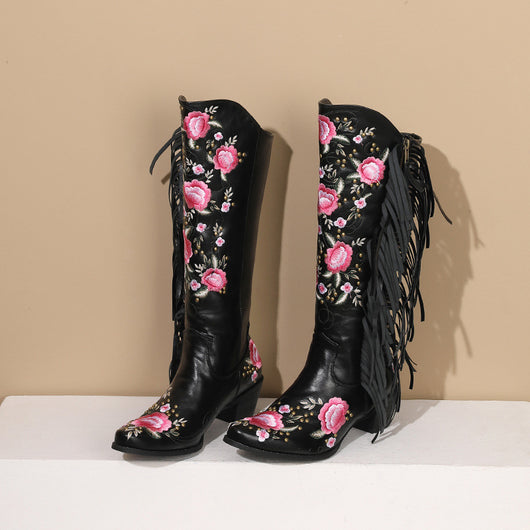 Botas Vaqueras Altas con Bordados y Flecos en Mangas - Image 9