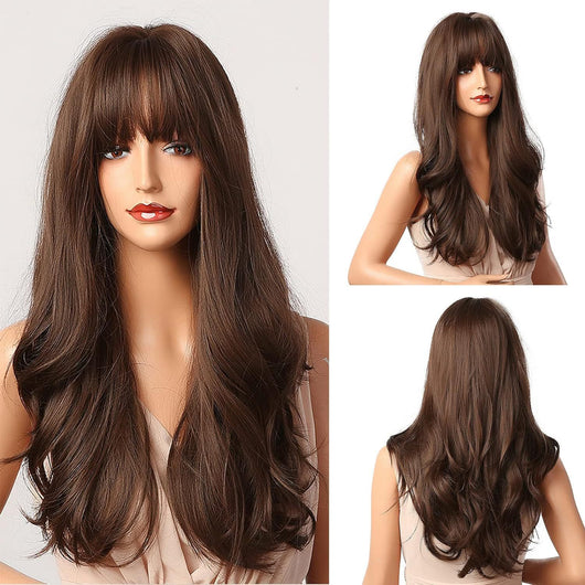 Peluca Larga Rizada con Flequillo Marrón para Mujer - Image 7
