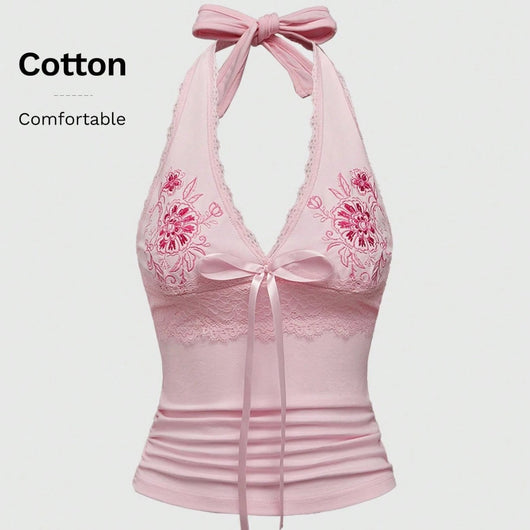 Chaleco Halter de Encaje Floral Bordado Ajustado y Estilizador - Image 2