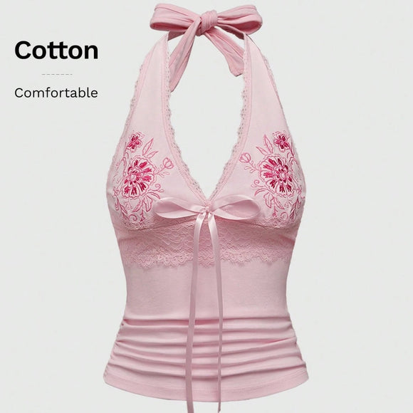 Chaleco Halter de Encaje Floral Bordado Ajustado y Estilizador