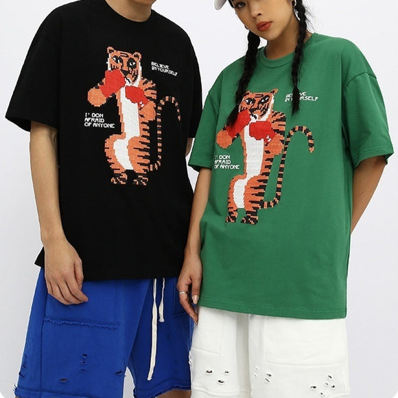 Camiseta Solta Estampa Anime Tigre Manga Curta Unissex