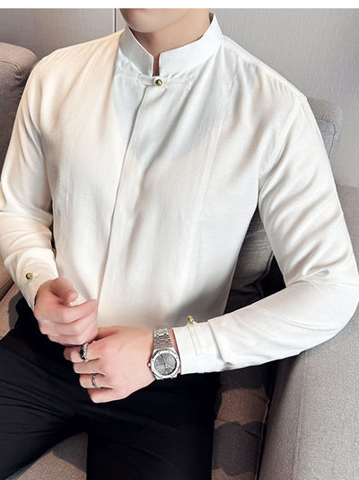 Camisa Manga Larga Cuello Mao Hombre - Diseño Liso Versátil - Image 4