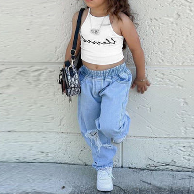 Conjunto Infantil de Dos Piezas: Chaleco y Jeans Rotos - Image 2