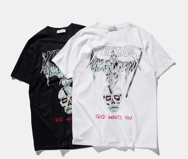 Camiseta de Algodón Puro con Diseño Calavera Religiosa Unisex
